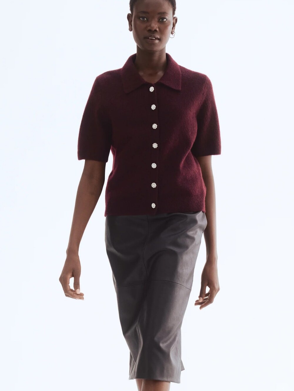 H&M Plum Short-Sleeve Knit Cardigan with Rhinestone Button